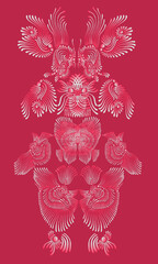 Surreal abstract psychedelic colorful symmetrical pattern, pink white gradient outline, isolated on crimson background.