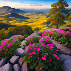 A painting of flowers in a landscape with mountains in the background. ai created