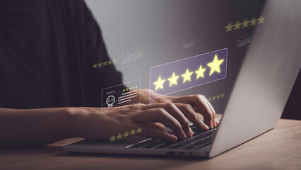 Satisfaction feedback survey concept. Customer user laptop review evaluation and positive comment give 5 star excellence service. Quality service lead to reputational best ranking of business.