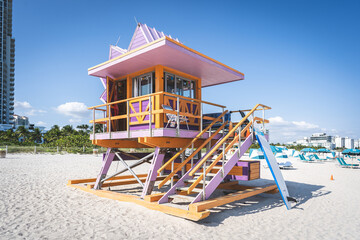 Miami Beach, USA - December 5, 2022. View of classic art deco lifeguard tower in South Miami Beach - 606007056