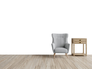 Free PSD a white wall with a wooden table and a chair in front of it.Decorated home mockup with free space. 3d illustration, 3d rendering.