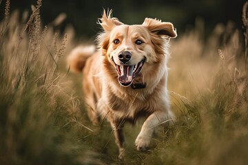 Happy Dog Running in a Meadow. Generative AI.