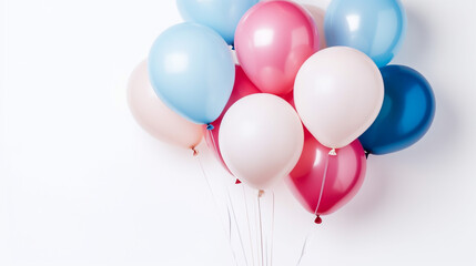 A generative AI image of pink, blue and white  helium party balloons lying on a white  background, the trans symbol - obrazy, fototapety, plakaty