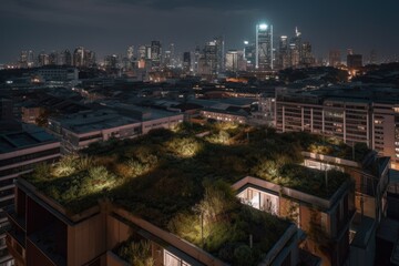 Sustainable urban development. Green buildings and rooftop gardens. World Environment Day. AI Generative.