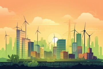 Introduction of ecological alternative energy sources. Energy distribution, transmission. A clean, green cityscape with renewable energy sources, promoting sustainable urban development. Generative AI
