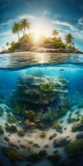 Fototapeta na wymiar Beautiful Tropical Island with Large Palm Trees Above the Water, Tidepool and Coral Reef Underwater. Generative ai