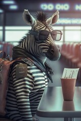 Plakat Zebra with Sunglasses, Backpack and Boarding Pass in the Airport. Generative ai