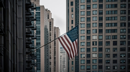 American flag on the background of the construction of high-rise buildings .the concept of construction and development. Generative AI 