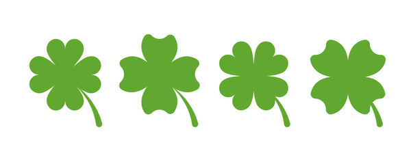 Green four leaf clover simple flat icon collection isolated on white background. Shamrock vector sign for app and website. Nature, luck, happy or saint patrick concept