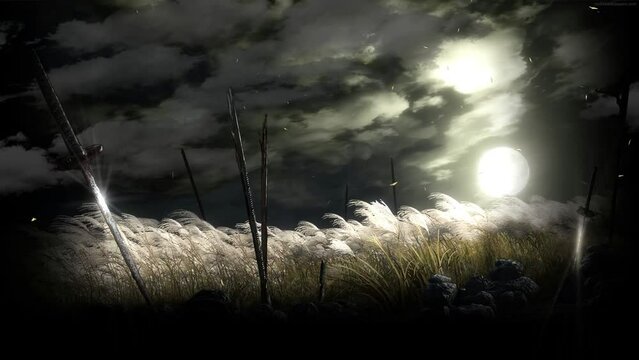 3D render of a full moon casting its light on swords staked on a swamp foxtail field