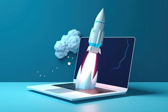 Rocket coming out of laptop screen, blue background. Generative AI.