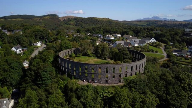Aerial view of the McCaig's tower in Oban, Scotland