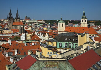 Fototapeta na wymiar View of Old Town and Prague Castle from Powder Gate Tower in Prague, Czech republic, Europe 