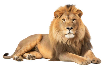 Lion png, transparent background, isolated lion, lying down, side view, fully body, generative ai