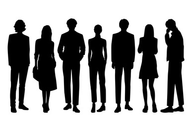 Vector silhouettes of  men and a women, a group of standing   business people, profile, black  color isolated on white background