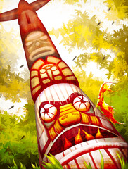
A Totem Pole Carving By Forest Birds Concept Illustration, Wood Texture, Wild American Forest, Cute Red Woodpecker Birds