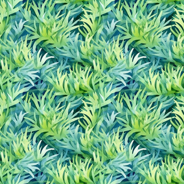 Seamless pattern: watercolor grass, green lawn. Repeating leaf pattern. Realistic drawing. generative ai