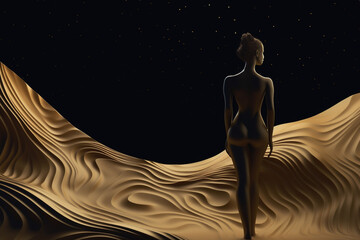 Fototapeta na wymiar Dark and sexy woman body silhouette standing on golden dunes. 3D modern art mural wallpaper with matte black background. Dark landscape background. Minimalistic style. Generative AI