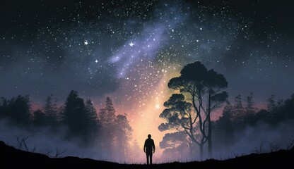 Obraz na płótnie Canvas man standing against the milky way above silhouetted trees, night sky, scenery illustration, Generative AI
