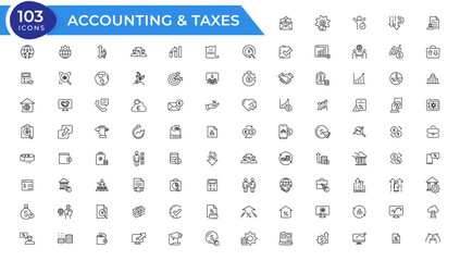 Taxes and accounting line icons collection. Big UI icon set in a flat design. Thin outline icons pack. Vector illustration.