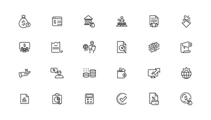 Taxes and accounting line icons collection. Big UI icon set in a flat design. Thin outline icons pack. Vector illustration.