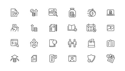Taxes and accounting line icons collection. Big UI icon set in a flat design. Thin outline icons pack. Vector illustration.