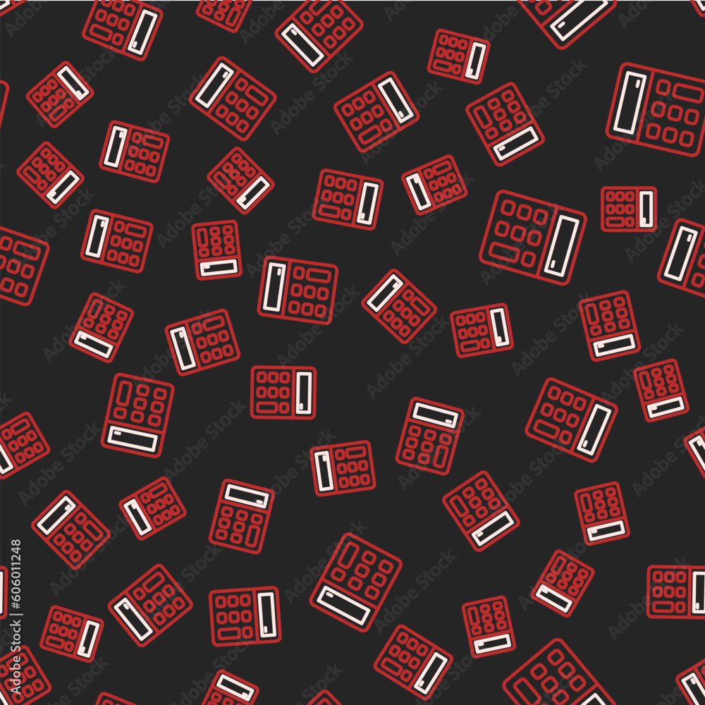 Poster line calculator icon isolated seamless pattern on black background. accounting symbol. business calc