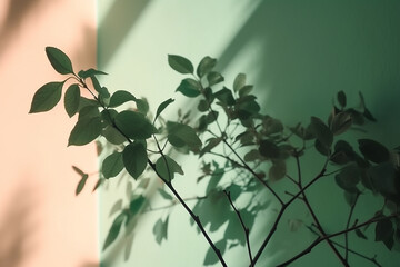 Abstract background of plant branch with green leaves casting hard shadow on pastel colors painted wall. Generative AI