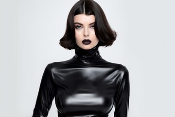 Glamour stylish beautiful young model in black latex clothing on white background. Generative Ai - obrazy, fototapety, plakaty