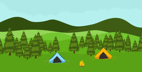 Summer Camp Background. Forest camp poster. Natural landscape with trees, tent on green grass, bonfire and mountains.  Concept of travel, hiking and activity vacation. Camping flat vector illustration