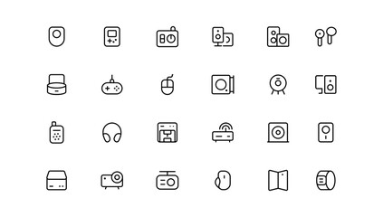 Device and technology line icon set. Electronic devices and gadgets, computer, equipment and electronics. Computer monitor, smartphone, tablet and laptop sumbol collection