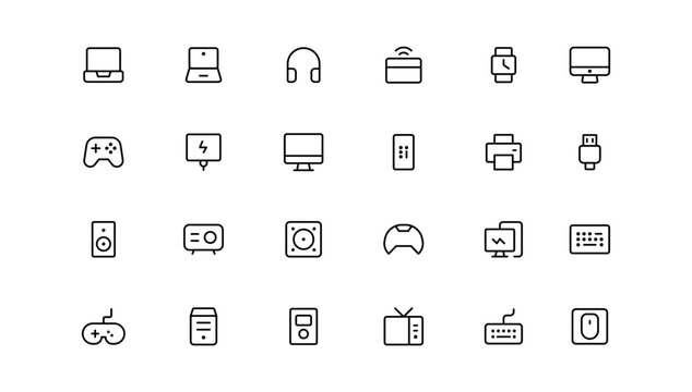 Device and technology line icon set. Electronic devices and gadgets, computer, equipment and electronics. Computer monitor, smartphone, tablet and laptop sumbol collection