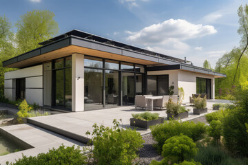 Fototapeta na wymiar Modern house with patio area and solar panels, generative AI