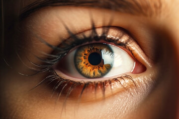 Fototapeta premium Close up detail of beautiful rainbow female eye pupil. AI generated