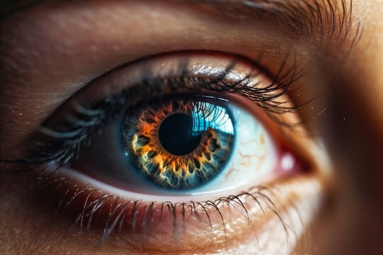 Close up detail of beautiful rainbow female eye pupil. AI generated