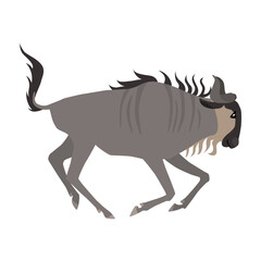 Animal illustration. Running wildebeest drawn in a flat style. Isolated object on a white background. Vector 10 EPS
