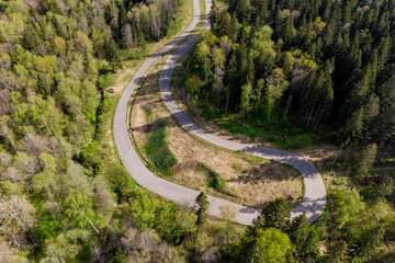 Aerial view of the roller ski track in the forest for training and competition