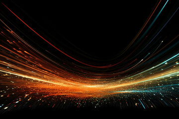 Fototapeta na wymiar abstract flow of light in yellow, orange , purple and blue lines and sparkles for texture elements as background against black symbolic for high speed