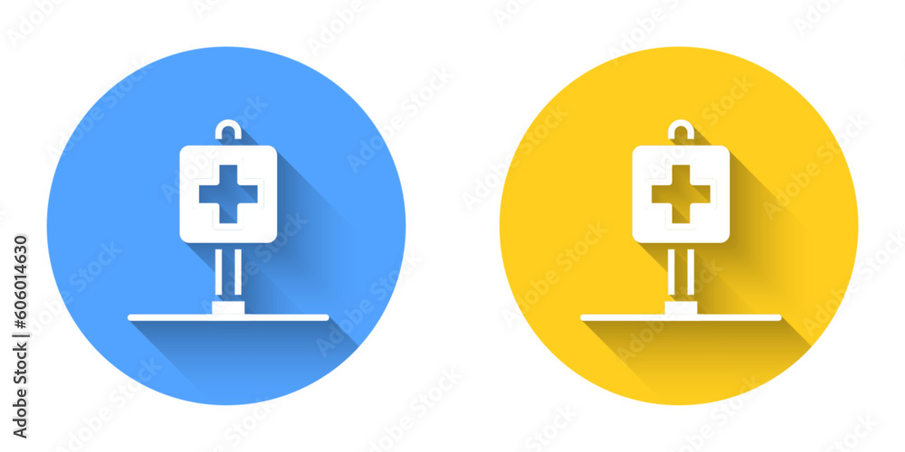 Poster white medical map pointer with cross hospital icon isolated with long shadow background. circle butt