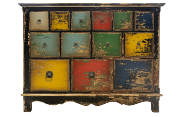 Indonesian wooden chest of drawers, colorful, made in a vintage style, lots of drawers.