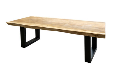 A modern table with a thick wooden top. Top made of exotic suar wood, metal legs, top raw wood for...