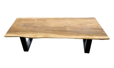 A modern table with a thick wooden top. Top made of exotic suar wood, metal legs, top raw wood for oiling or epoxy coating.