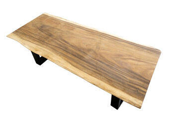 A modern table with a thick wooden top. Top made of exotic suar wood, metal legs, top raw wood for oiling or epoxy coating.