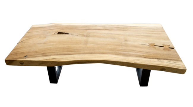 A modern table with a thick wooden top. Top made of exotic suar wood, metal legs, top raw wood for oiling or epoxy coating.