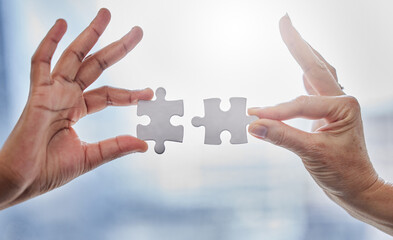 Puzzle, teamwork and partnership with hands of business people for synergy, support or trust....