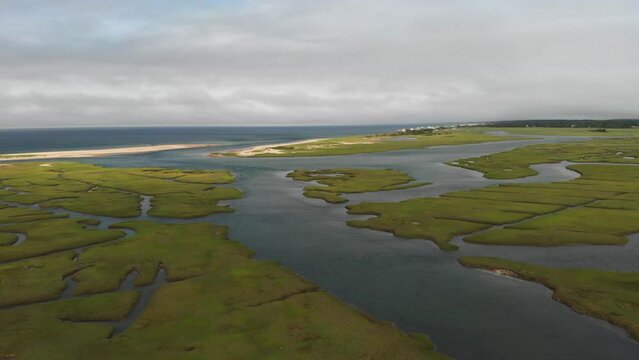 Aerial view of large marshlands in Cape Cod, Massachusetts