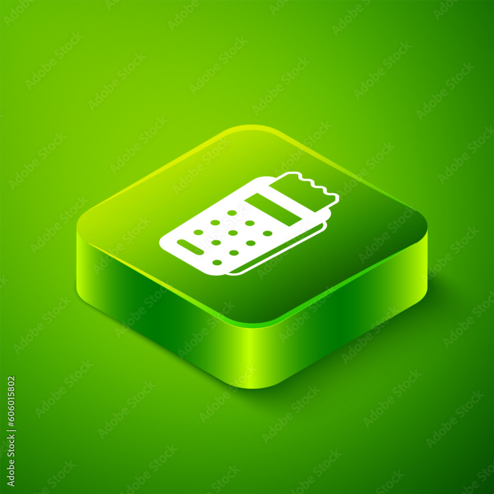 Poster Isometric POS terminal with inserted credit card and printed reciept icon isolated on green background. NFC payment concept. Green square button. Vector