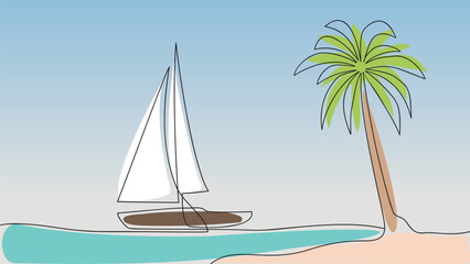 Abstract tropical landscape continuous line art with sailboat, sea, palm tree. Vector illustraion