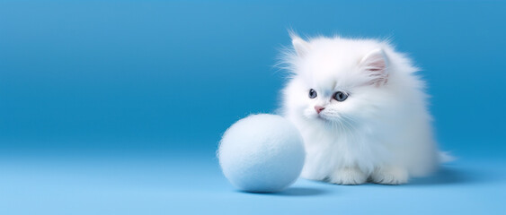 Fototapeta na wymiar White little cute kitten sitting down with ball. Generative AI.