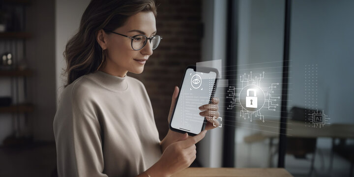 Woman holding smartphone that is protected by Artificial Intelligence technology, secure file and device encryption and protection against malware. Generative AI
